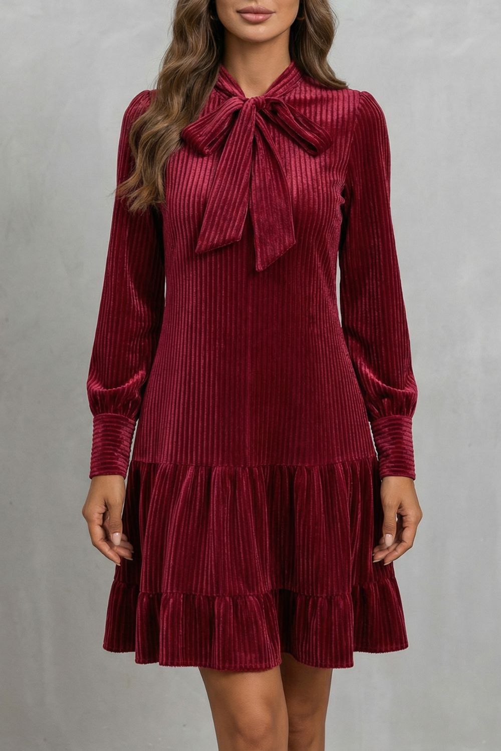 Valeriane – Bow tie detail – Velvety Corduroy mini dress-10454206480727-ZARA MAE LONDON