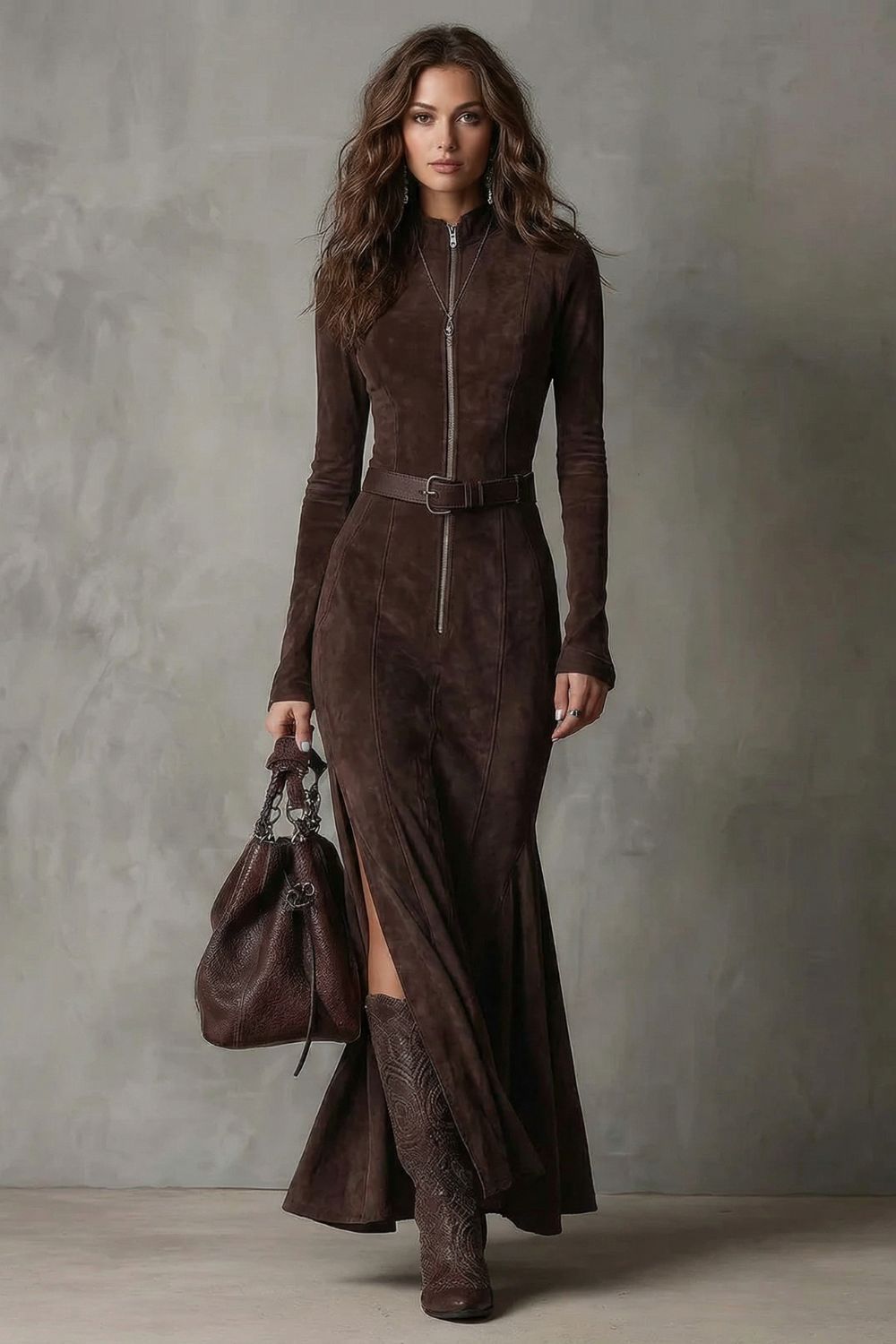 Raviona – Belted suede style – Maxi zip dress（Includes belt）-10454016754007-ZARA MAE LONDON