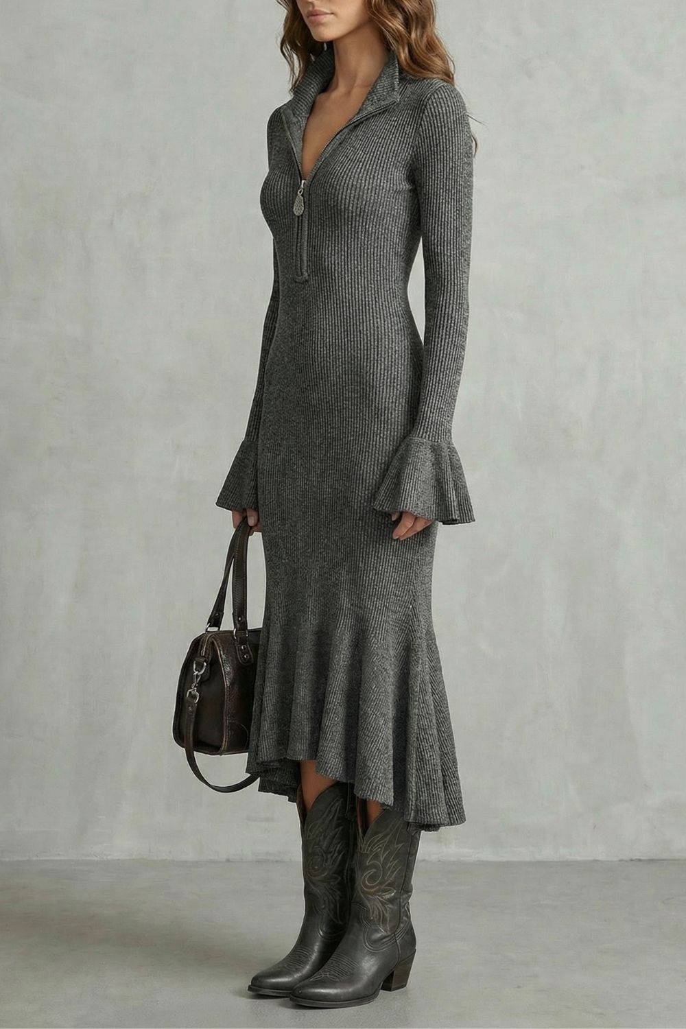 Veloria – Flared cuff elegance – Zip midi dress-10452979548503-ZARA MAE LONDON