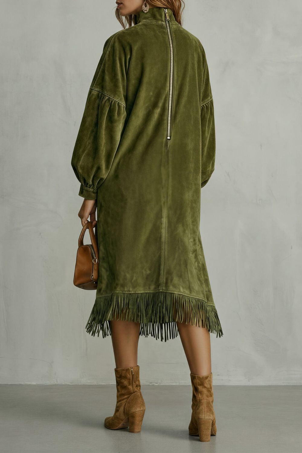 Valdrina – Suede fringe detail – Midi turtleneck dress-10452926300503-ZARA MAE LONDON