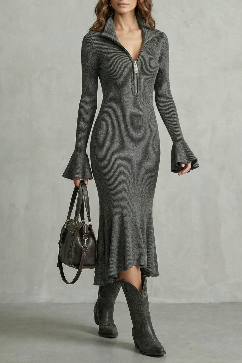 Veloria – Flared cuff elegance – Zip midi dress-10452979548503-ZARA MAE LONDON