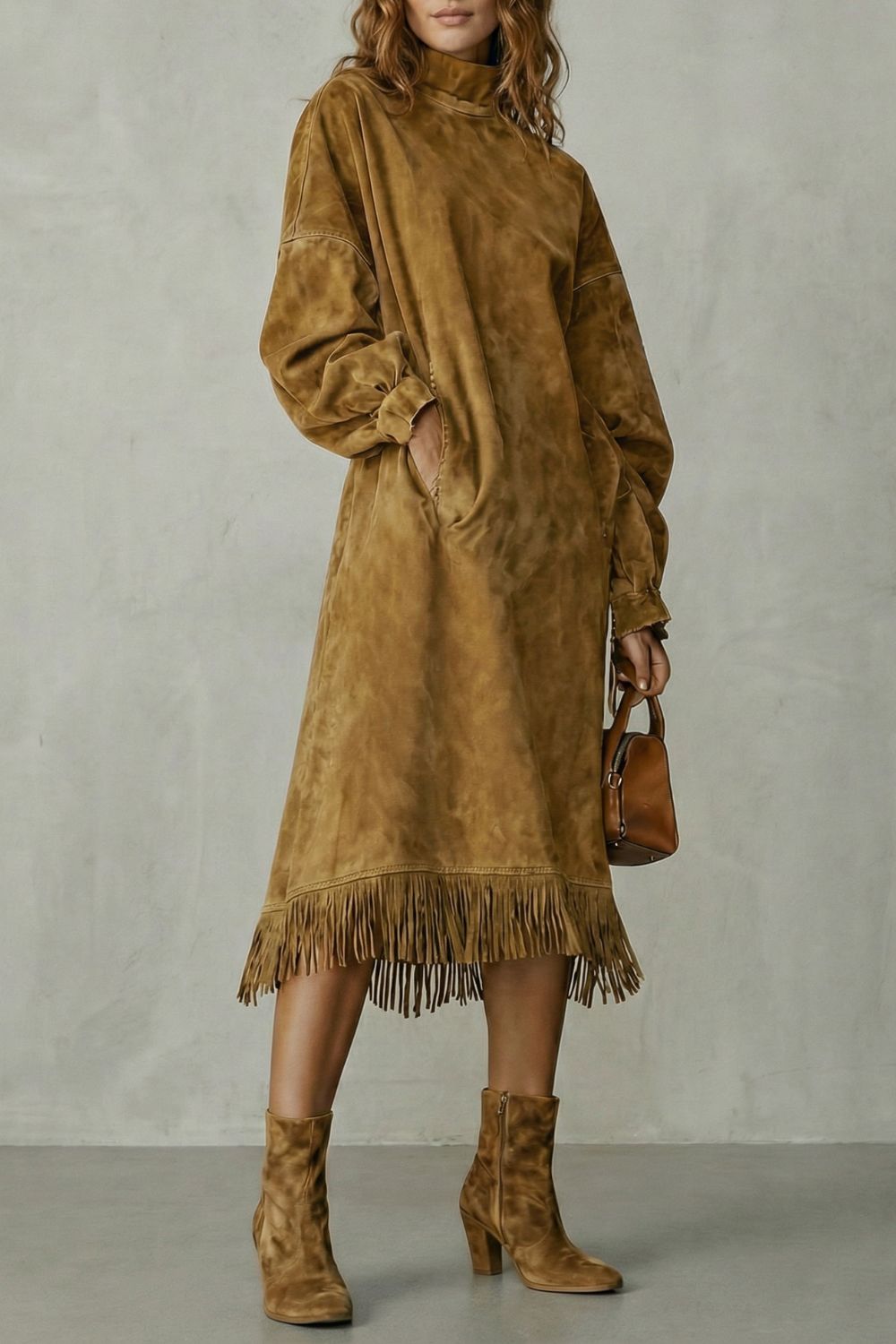 Valdrina – Suede fringe detail – Midi turtleneck dress-10452926300503-ZARA MAE LONDON