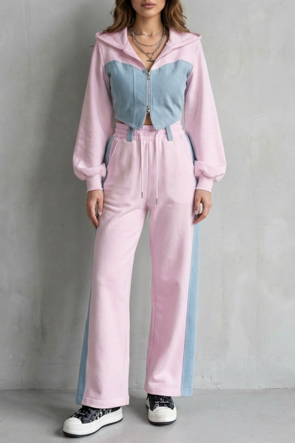 Arlo – Denim Splice – Two-Piece Hoodie & Sweatpant Set-10494042440023-ZARA MAE LONDON