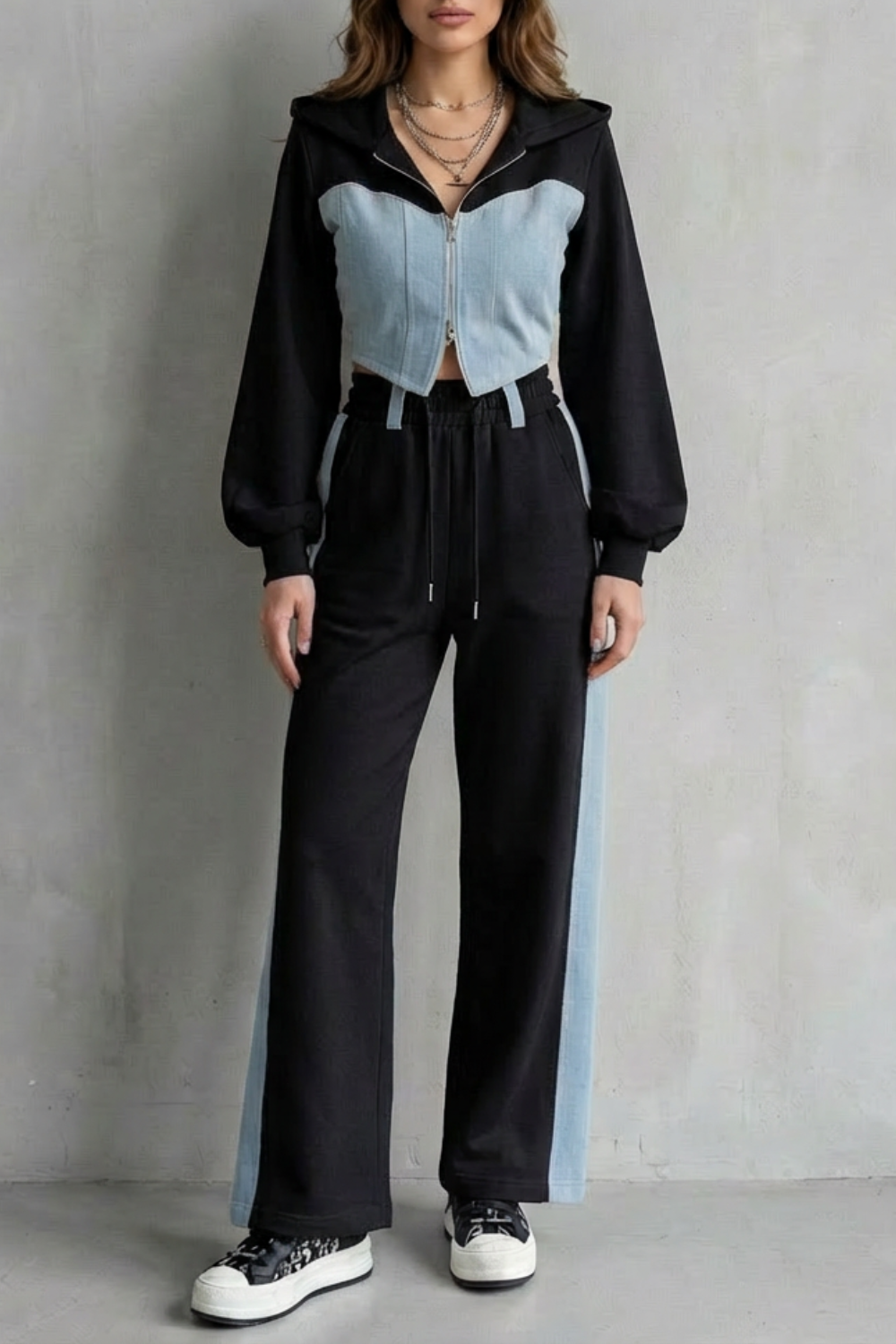 Arlo – Denim Splice – Two-Piece Hoodie & Sweatpant Set-10494042440023-ZARA MAE LONDON