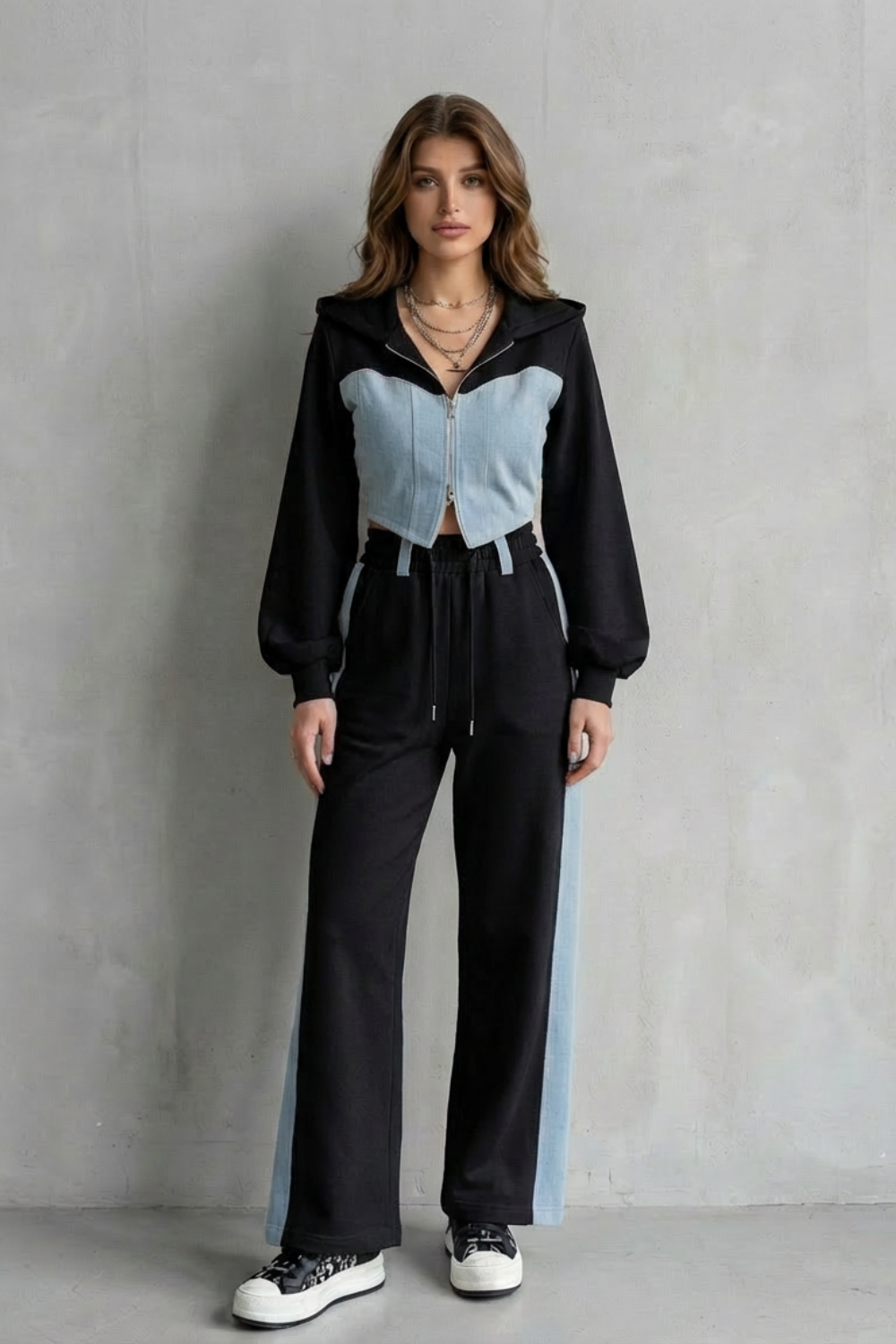 Arlo – Denim Splice – Two-Piece Hoodie & Sweatpant Set-10494042440023-ZARA MAE LONDON