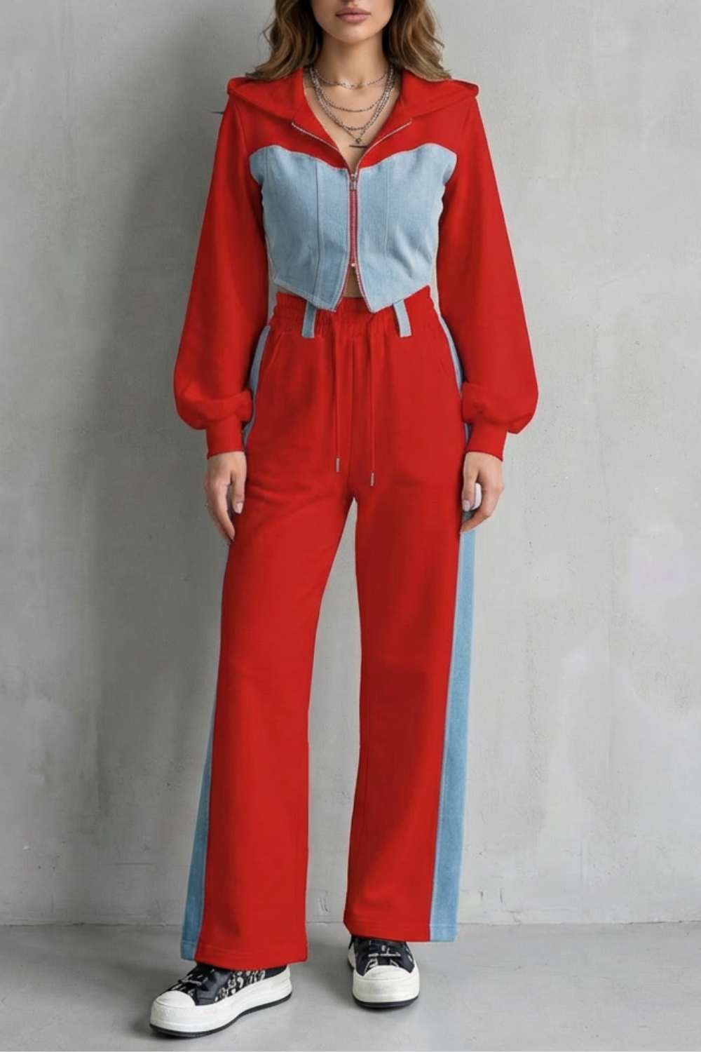 Arlo – Denim Splice – Two-Piece Hoodie & Sweatpant Set-10494042440023-ZARA MAE LONDON