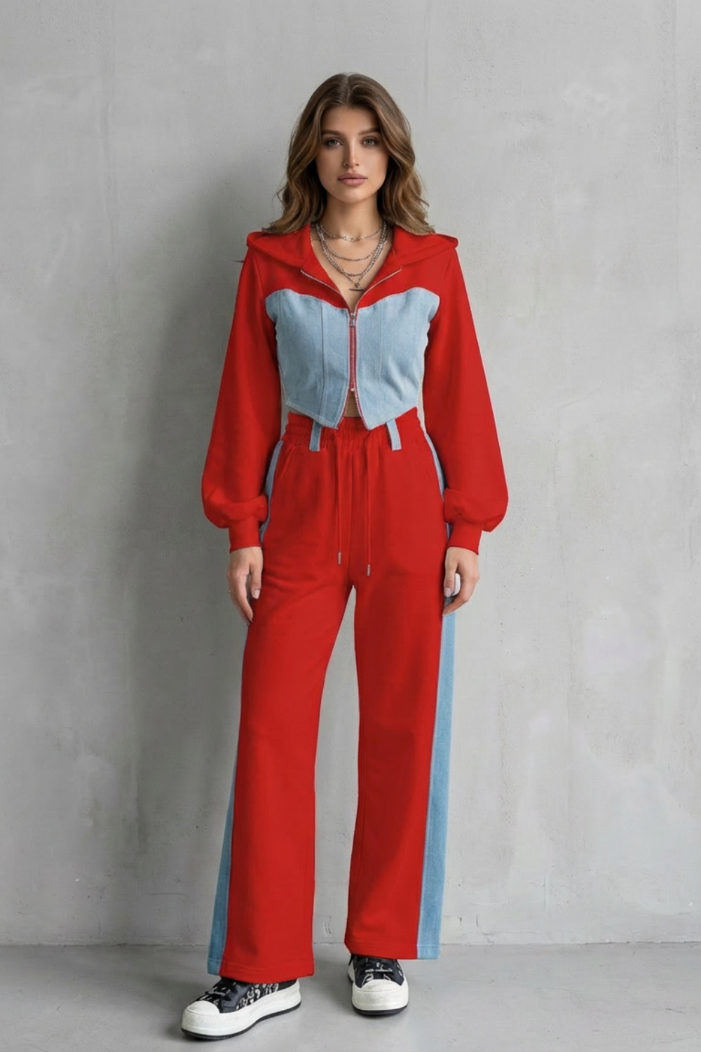 Arlo – Denim Splice – Two-Piece Hoodie & Sweatpant Set-10494042440023-ZARA MAE LONDON