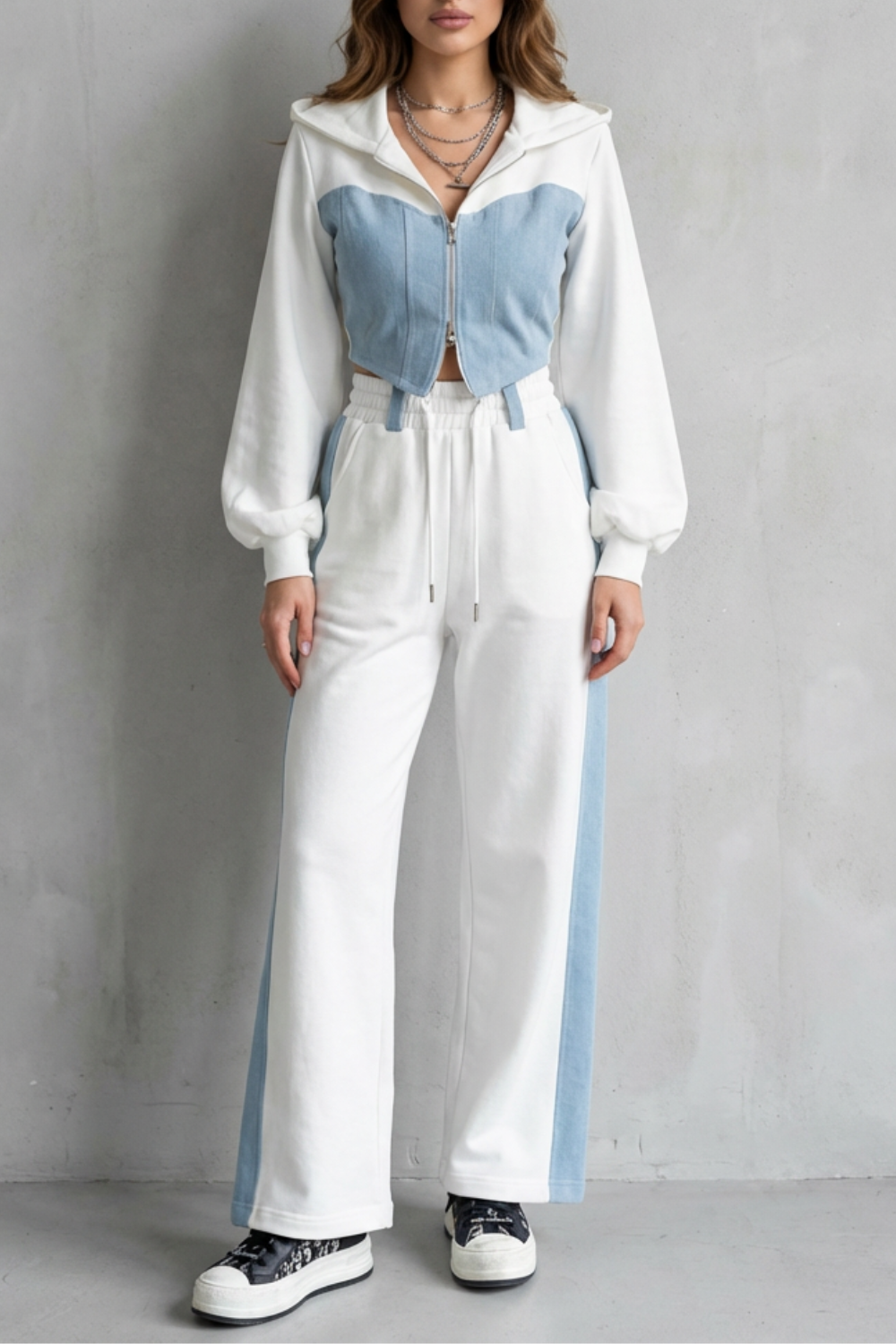 Arlo – Denim Splice – Two-Piece Hoodie & Sweatpant Set-10494042440023-ZARA MAE LONDON