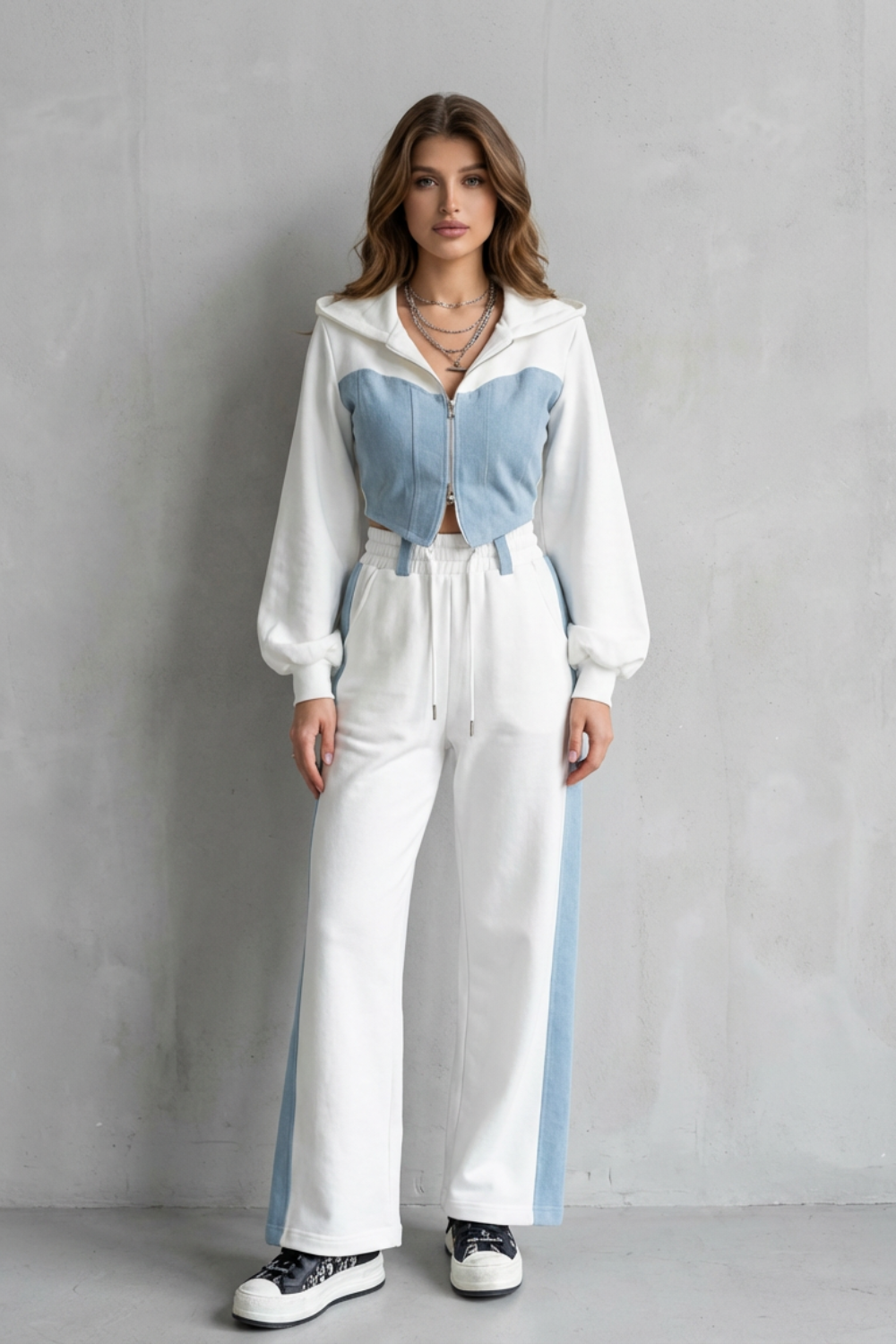 Arlo – Denim Splice – Two-Piece Hoodie & Sweatpant Set-10494042440023-ZARA MAE LONDON