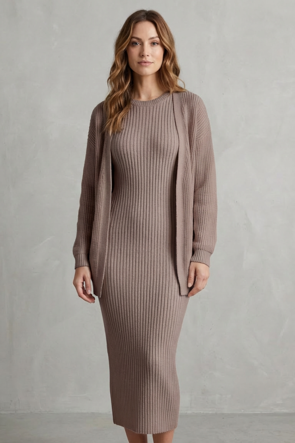 Aurelia – Ribbed Knit Sweater Dress Set – 2-Piece Slim-Fit Cardigan Ensemble-10494046863703-ZARA MAE LONDON