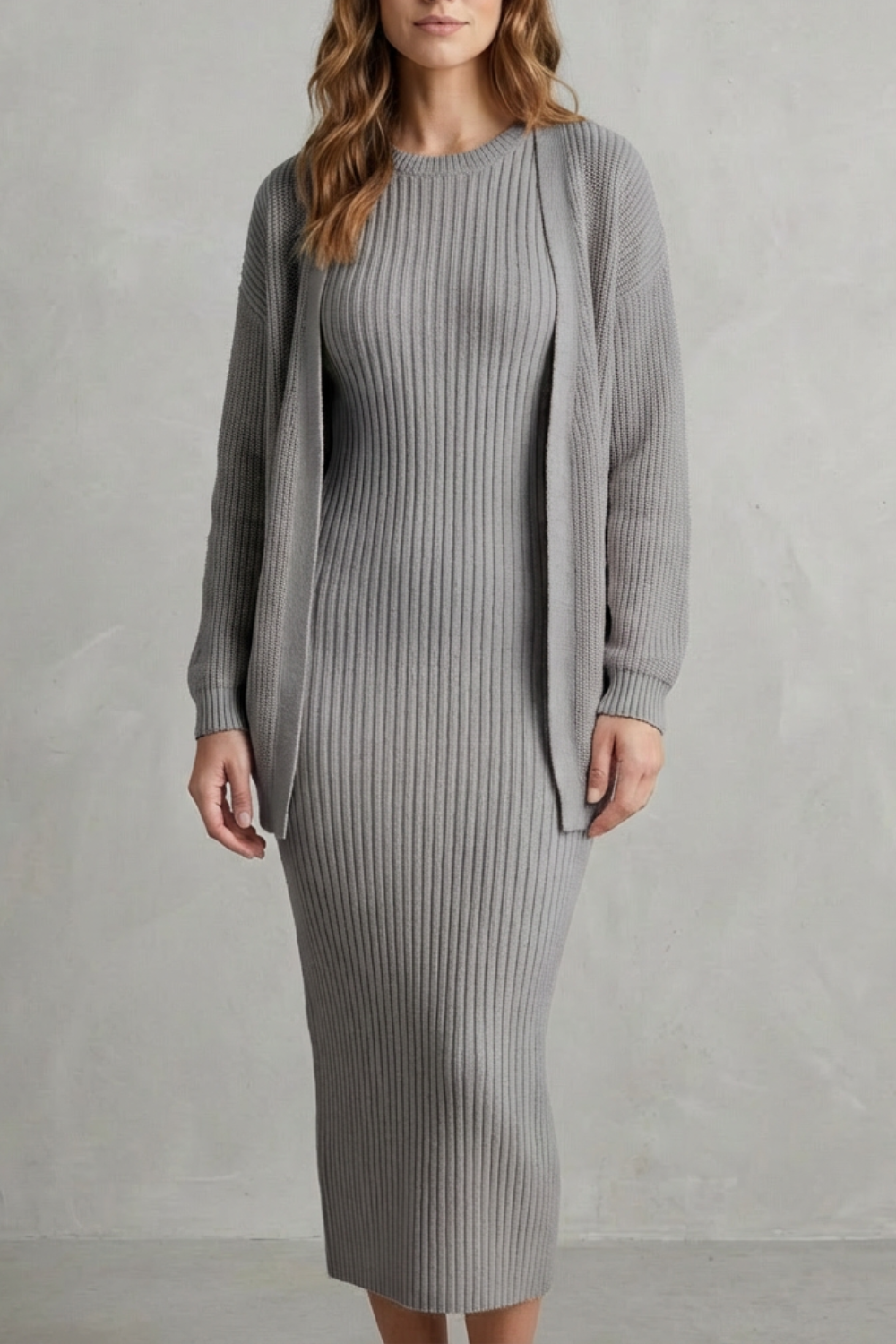 Aurelia – Ribbed Knit Sweater Dress Set – 2-Piece Slim-Fit Cardigan Ensemble-10494046863703-ZARA MAE LONDON