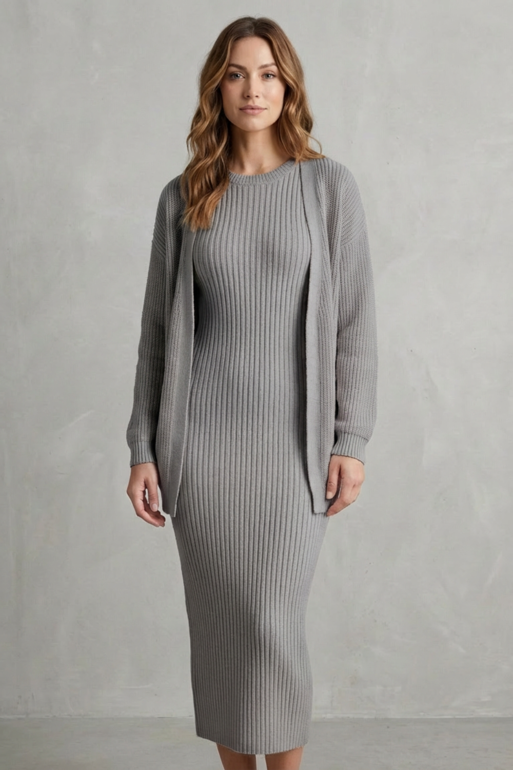 Aurelia – Ribbed Knit Sweater Dress Set – 2-Piece Slim-Fit Cardigan Ensemble-10494046863703-ZARA MAE LONDON