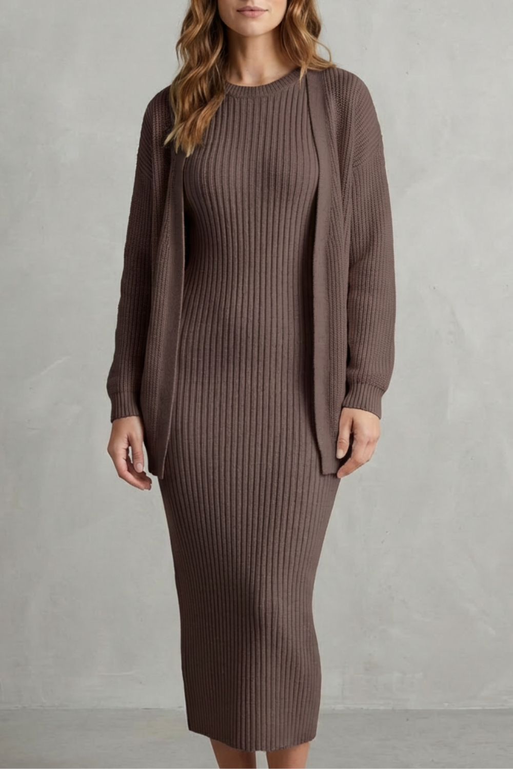 Aurelia – Ribbed Knit Sweater Dress Set – 2-Piece Slim-Fit Cardigan Ensemble-10494046863703-ZARA MAE LONDON