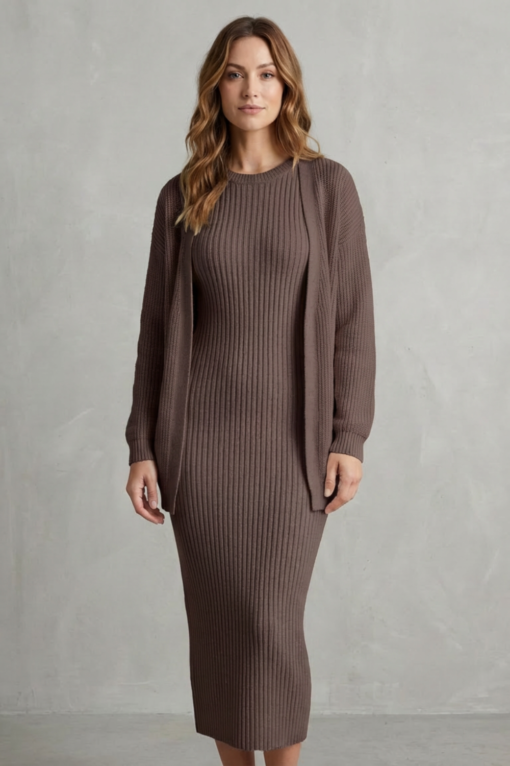 Aurelia – Ribbed Knit Sweater Dress Set – 2-Piece Slim-Fit Cardigan Ensemble-10494046863703-ZARA MAE LONDON