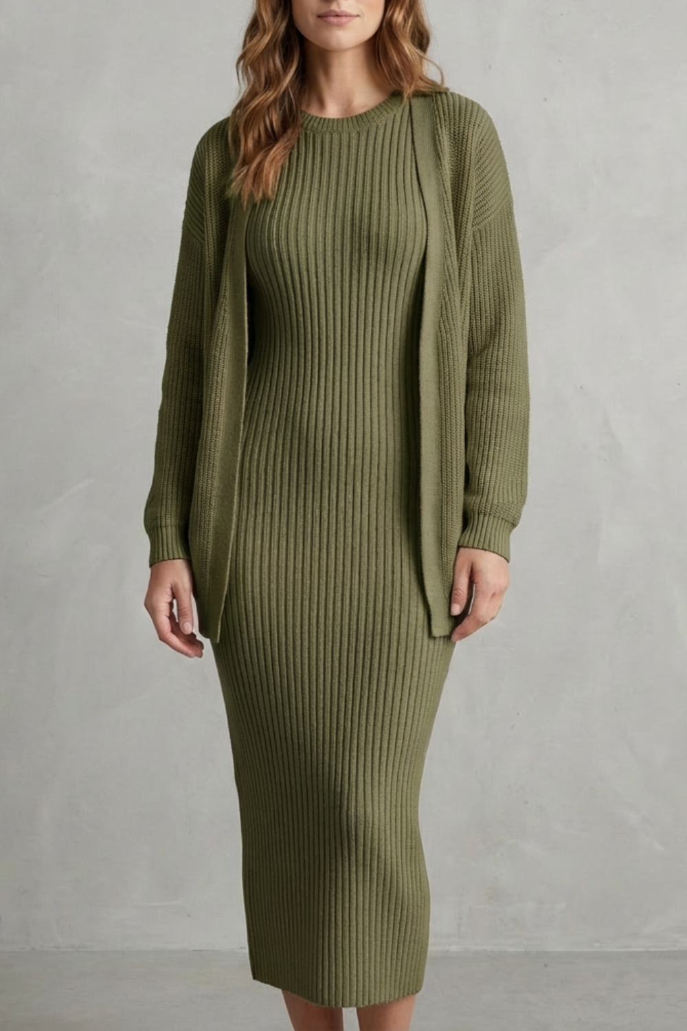 Aurelia – Ribbed Knit Sweater Dress Set – 2-Piece Slim-Fit Cardigan Ensemble-10494046863703-ZARA MAE LONDON