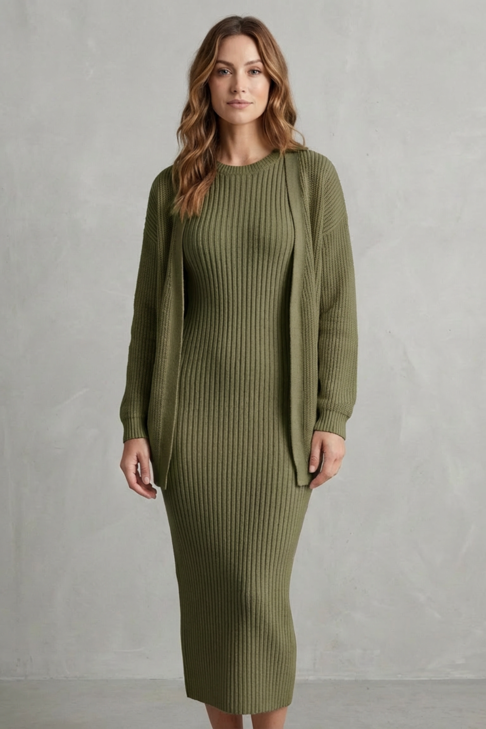 Aurelia – Ribbed Knit Sweater Dress Set – 2-Piece Slim-Fit Cardigan Ensemble-10494046863703-ZARA MAE LONDON