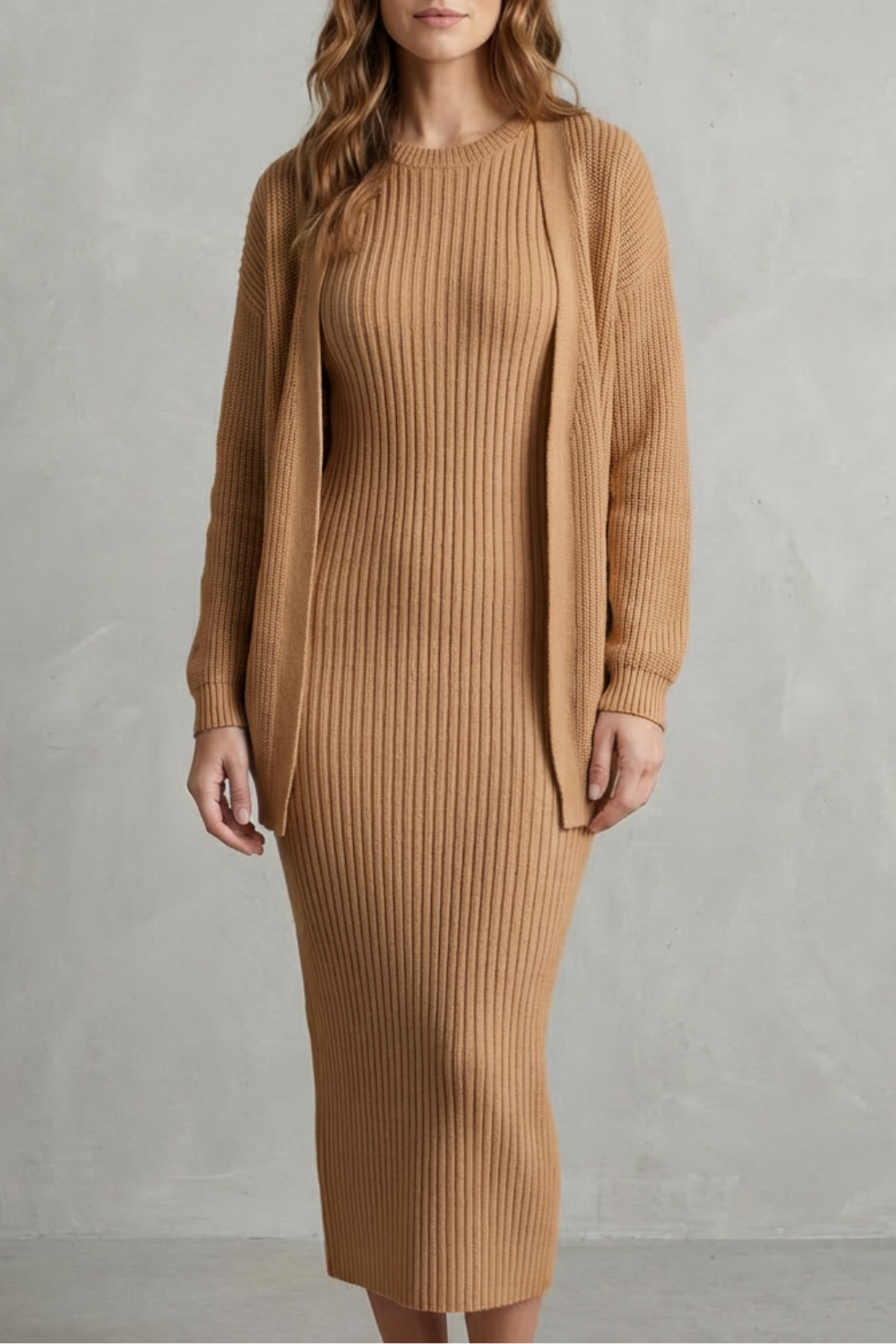 Aurelia – Ribbed Knit Sweater Dress Set – 2-Piece Slim-Fit Cardigan Ensemble-10494046863703-ZARA MAE LONDON