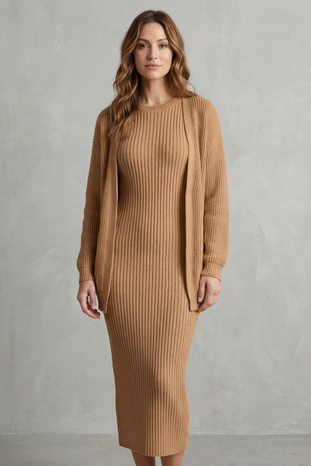 Aurelia – Ribbed Knit Sweater Dress Set – 2-Piece Slim-Fit Cardigan Ensemble-10494046863703-ZARA MAE LONDON