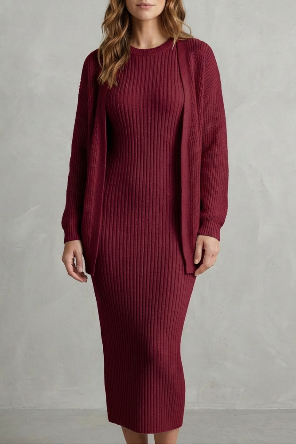 Aurelia – Ribbed Knit Sweater Dress Set – 2-Piece Slim-Fit Cardigan Ensemble-10494046863703-ZARA MAE LONDON