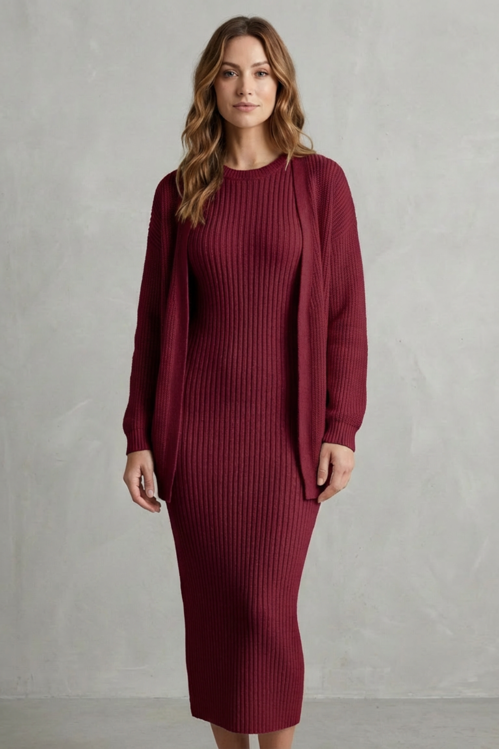Aurelia – Ribbed Knit Sweater Dress Set – 2-Piece Slim-Fit Cardigan Ensemble-10494046863703-ZARA MAE LONDON