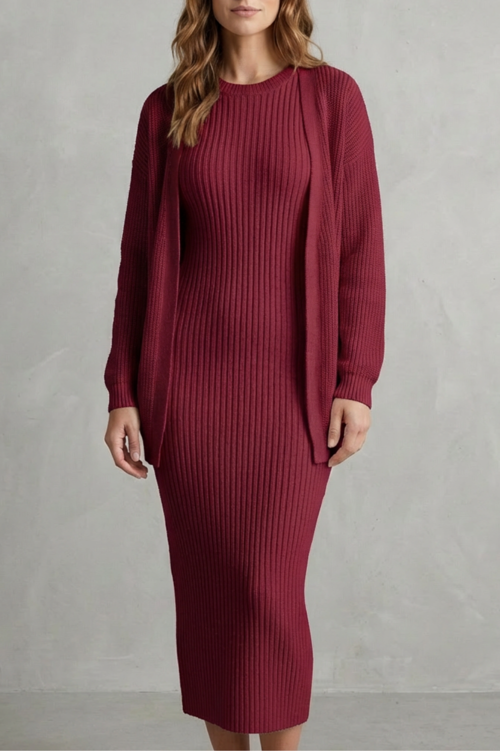 Aurelia – Ribbed Knit Sweater Dress Set – 2-Piece Slim-Fit Cardigan Ensemble-10494046863703-ZARA MAE LONDON
