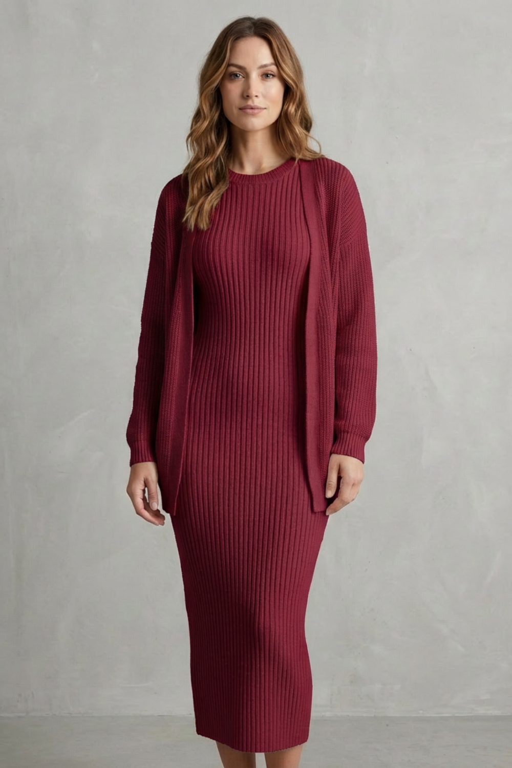 Aurelia – Ribbed Knit Sweater Dress Set – 2-Piece Slim-Fit Cardigan Ensemble-10494046863703-ZARA MAE LONDON