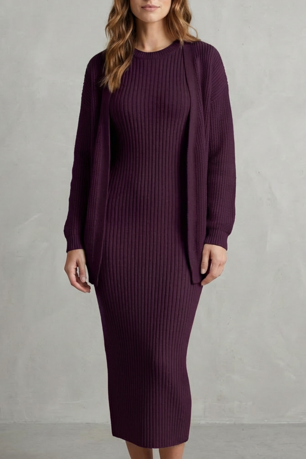 Aurelia – Ribbed Knit Sweater Dress Set – 2-Piece Slim-Fit Cardigan Ensemble-10494046863703-ZARA MAE LONDON