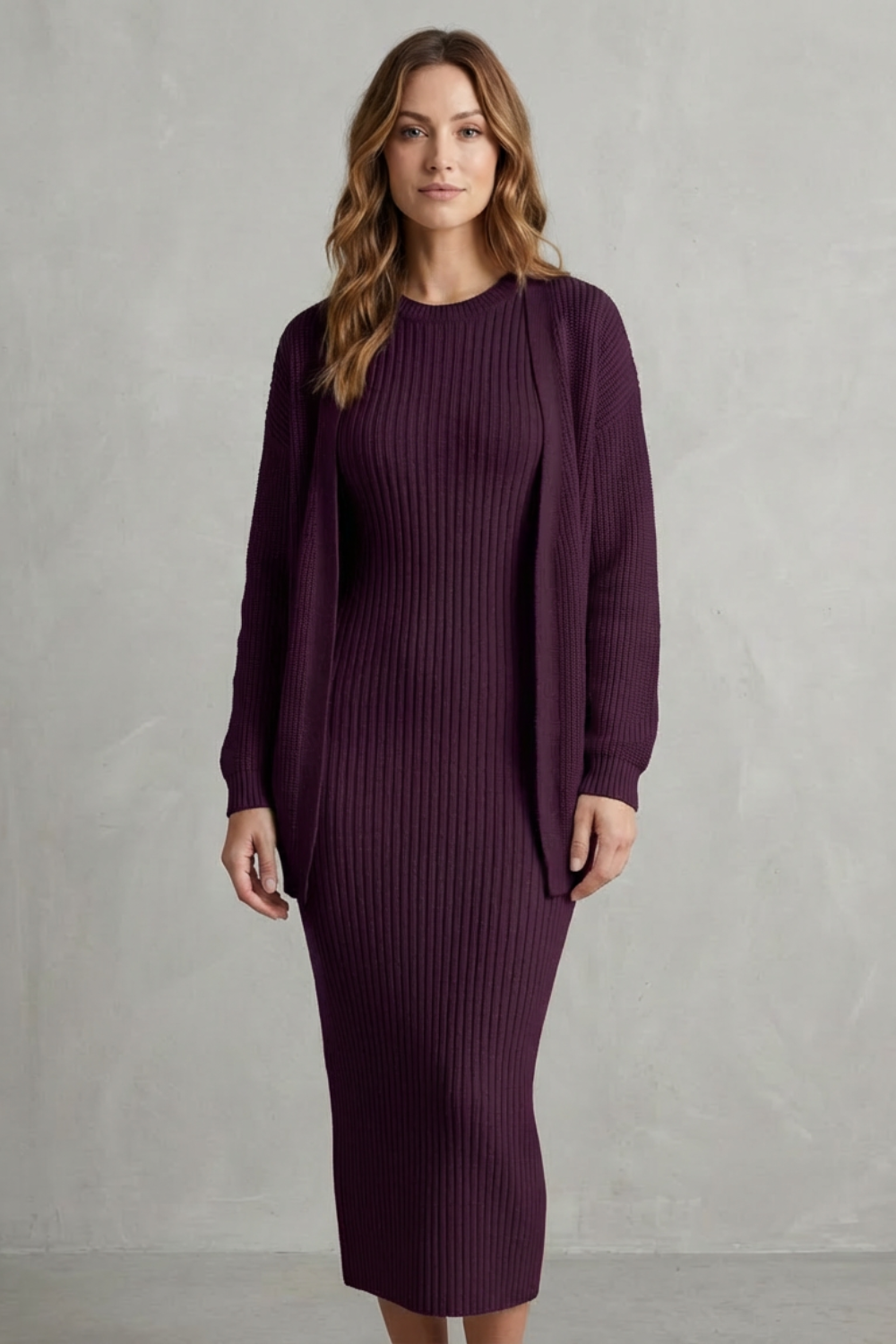 Aurelia – Ribbed Knit Sweater Dress Set – 2-Piece Slim-Fit Cardigan Ensemble-10494046863703-ZARA MAE LONDON