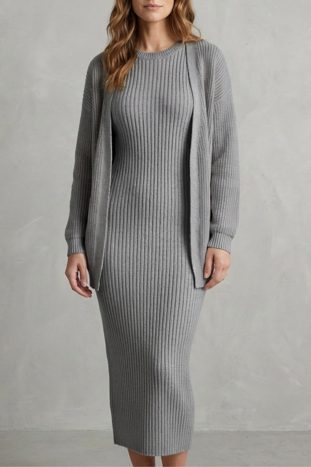 Aurelia – Ribbed Knit Sweater Dress Set – 2-Piece Slim-Fit Cardigan Ensemble-10494046863703-ZARA MAE LONDON