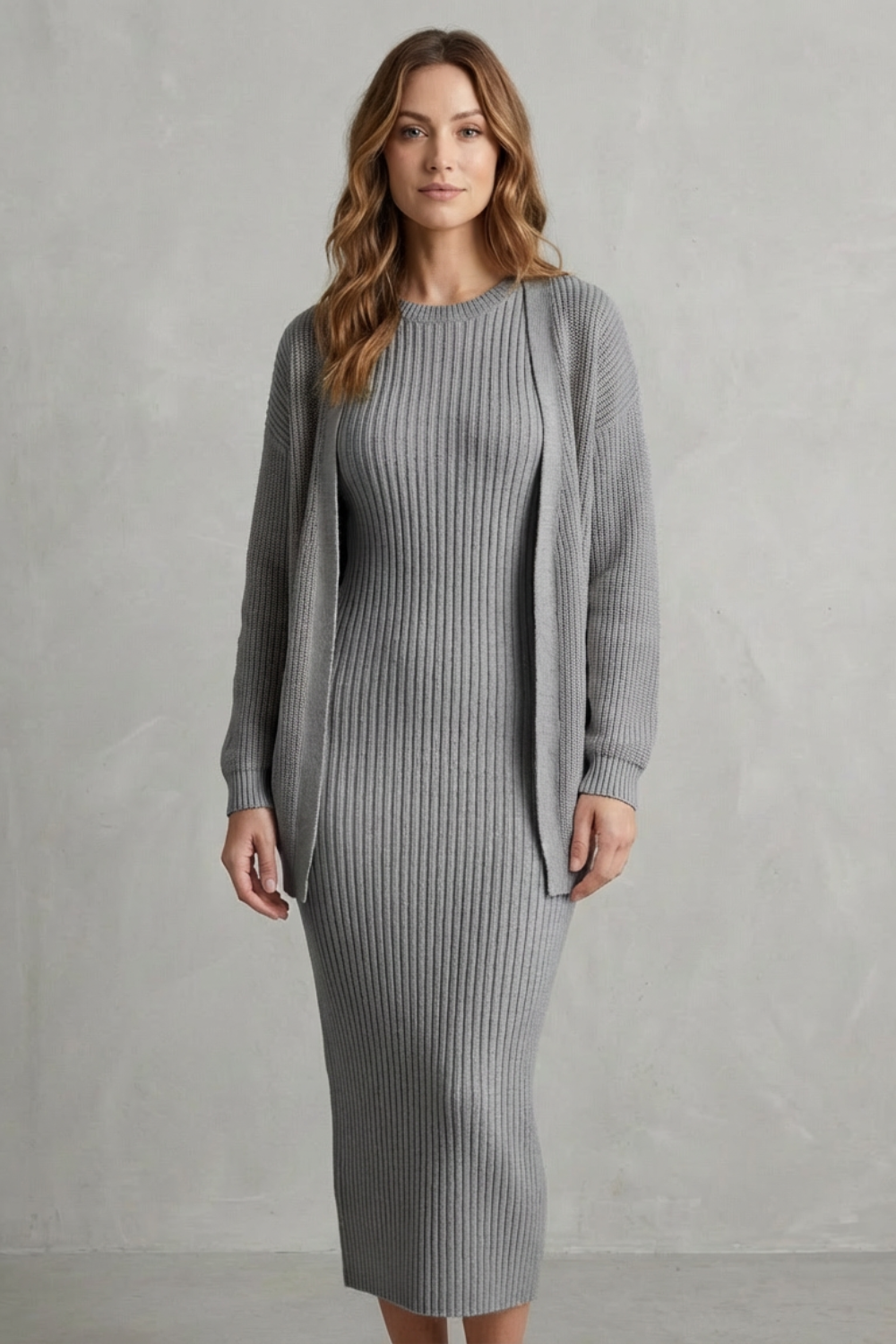 Aurelia – Ribbed Knit Sweater Dress Set – 2-Piece Slim-Fit Cardigan Ensemble-10494046863703-ZARA MAE LONDON