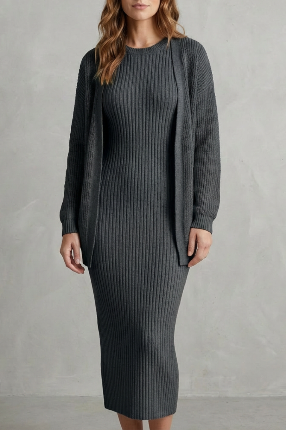 Aurelia – Ribbed Knit Sweater Dress Set – 2-Piece Slim-Fit Cardigan Ensemble-10494046863703-ZARA MAE LONDON