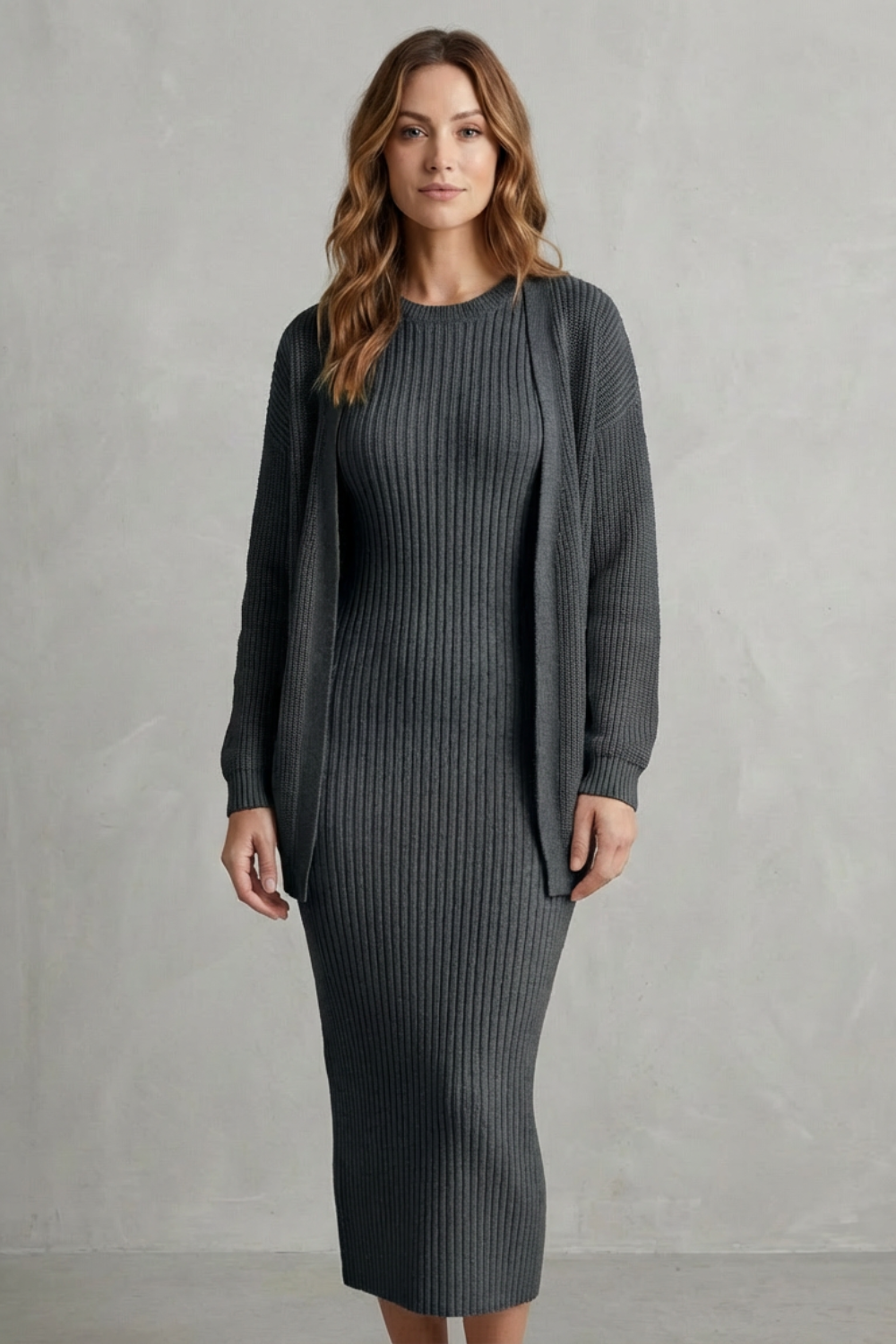 Aurelia – Ribbed Knit Sweater Dress Set – 2-Piece Slim-Fit Cardigan Ensemble-10494046863703-ZARA MAE LONDON