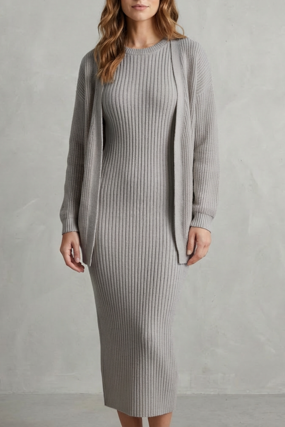 Aurelia – Ribbed Knit Sweater Dress Set – 2-Piece Slim-Fit Cardigan Ensemble-10494046863703-ZARA MAE LONDON