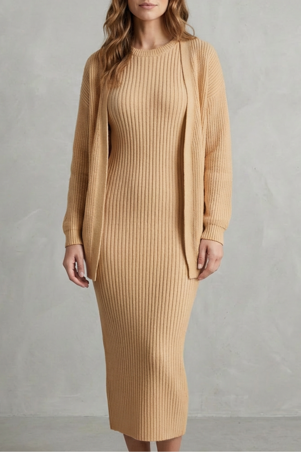 Aurelia – Ribbed Knit Sweater Dress Set – 2-Piece Slim-Fit Cardigan Ensemble-10494046863703-ZARA MAE LONDON