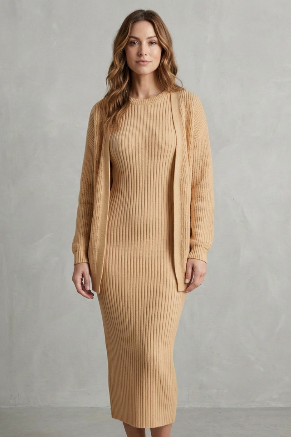Aurelia – Ribbed Knit Sweater Dress Set – 2-Piece Slim-Fit Cardigan Ensemble-10494046863703-ZARA MAE LONDON