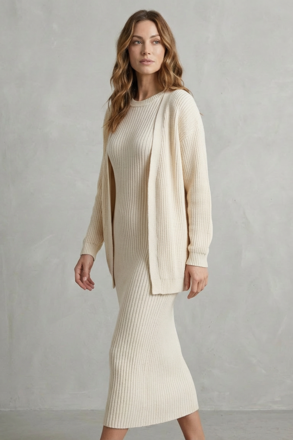 Aurelia – Ribbed Knit Sweater Dress Set – 2-Piece Slim-Fit Cardigan Ensemble-10494046863703-ZARA MAE LONDON