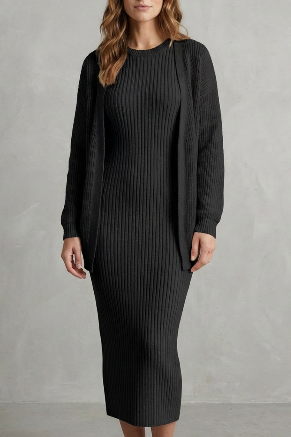 Aurelia – Ribbed Knit Sweater Dress Set – 2-Piece Slim-Fit Cardigan Ensemble-10494046863703-ZARA MAE LONDON