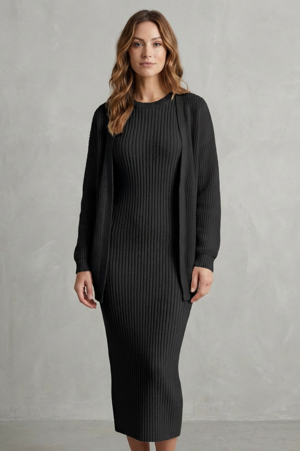 Aurelia – Ribbed Knit Sweater Dress Set – 2-Piece Slim-Fit Cardigan Ensemble-10494046863703-ZARA MAE LONDON