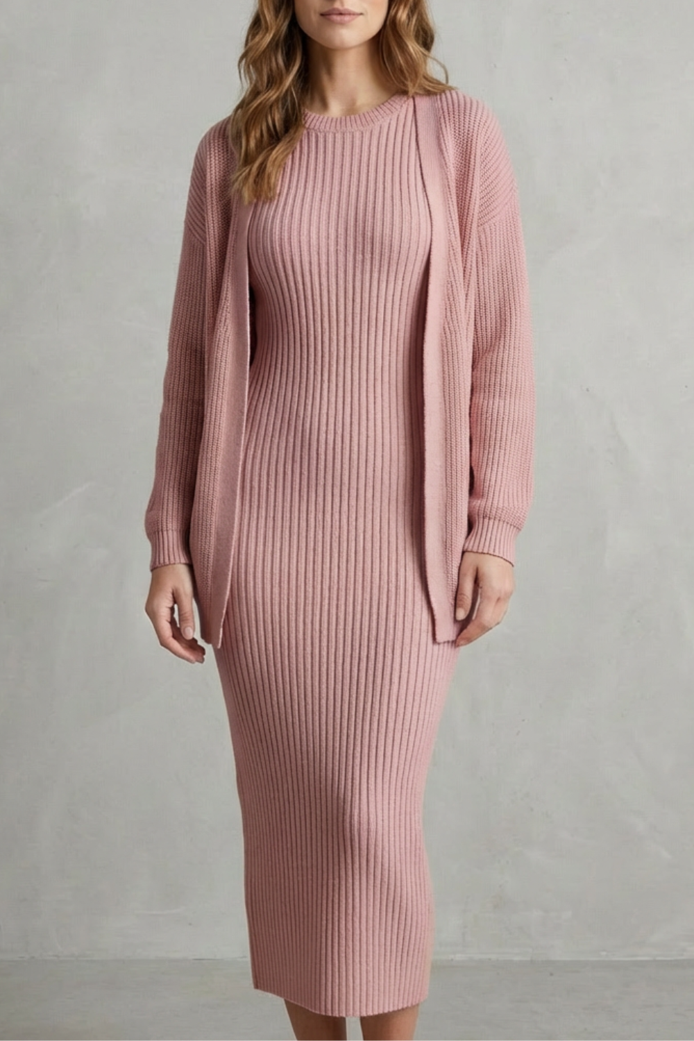 Aurelia – Ribbed Knit Sweater Dress Set – 2-Piece Slim-Fit Cardigan Ensemble-10494046863703-ZARA MAE LONDON