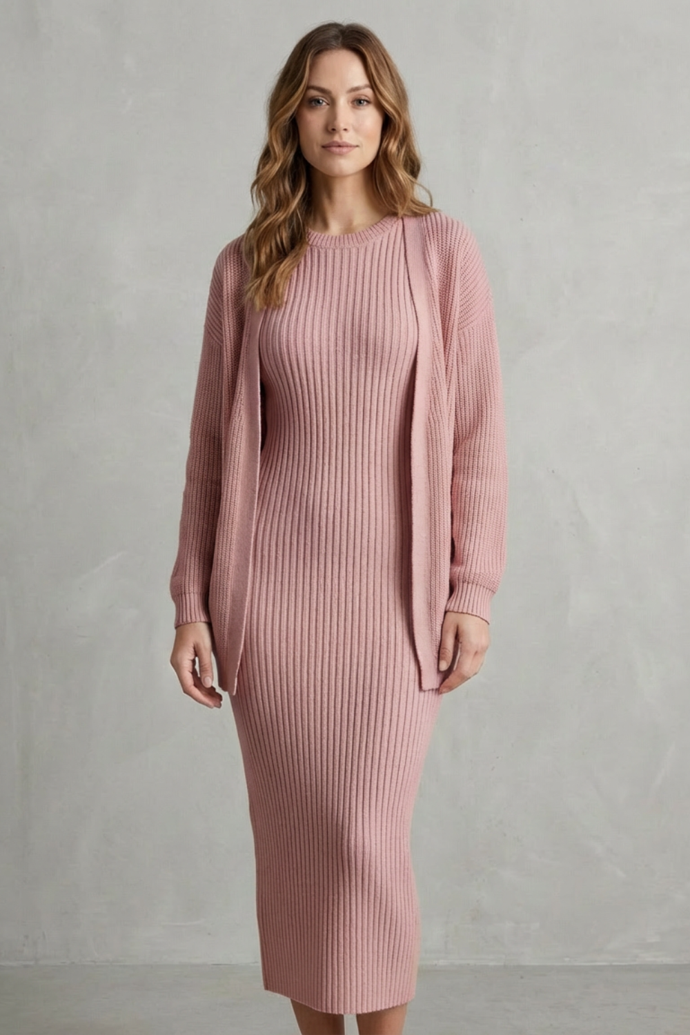 Aurelia – Ribbed Knit Sweater Dress Set – 2-Piece Slim-Fit Cardigan Ensemble-10494046863703-ZARA MAE LONDON