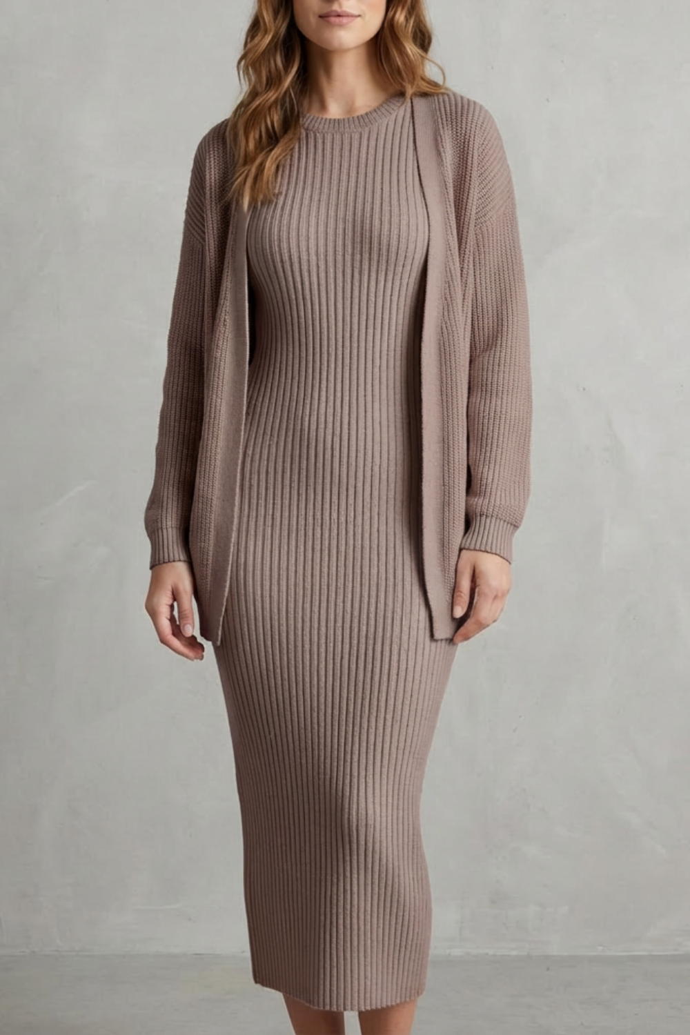 Aurelia – Ribbed Knit Sweater Dress Set – 2-Piece Slim-Fit Cardigan Ensemble-10494046863703-ZARA MAE LONDON