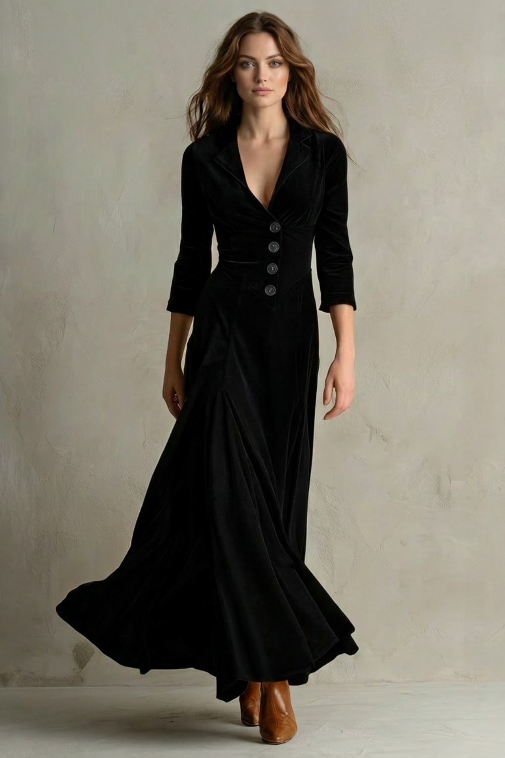 Celeste – Vintage Velvet Long Dress – Elegant Buttoned Swing Skirt with Lapel Detail-10494046798167-ZARA MAE LONDON