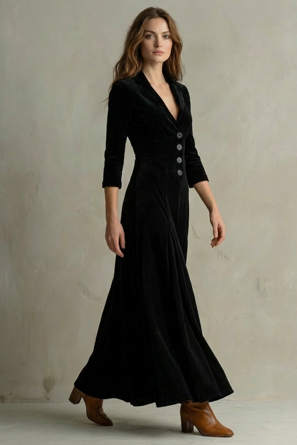 Celeste – Vintage Velvet Long Dress – Elegant Buttoned Swing Skirt with Lapel Detail-10494046798167-ZARA MAE LONDON