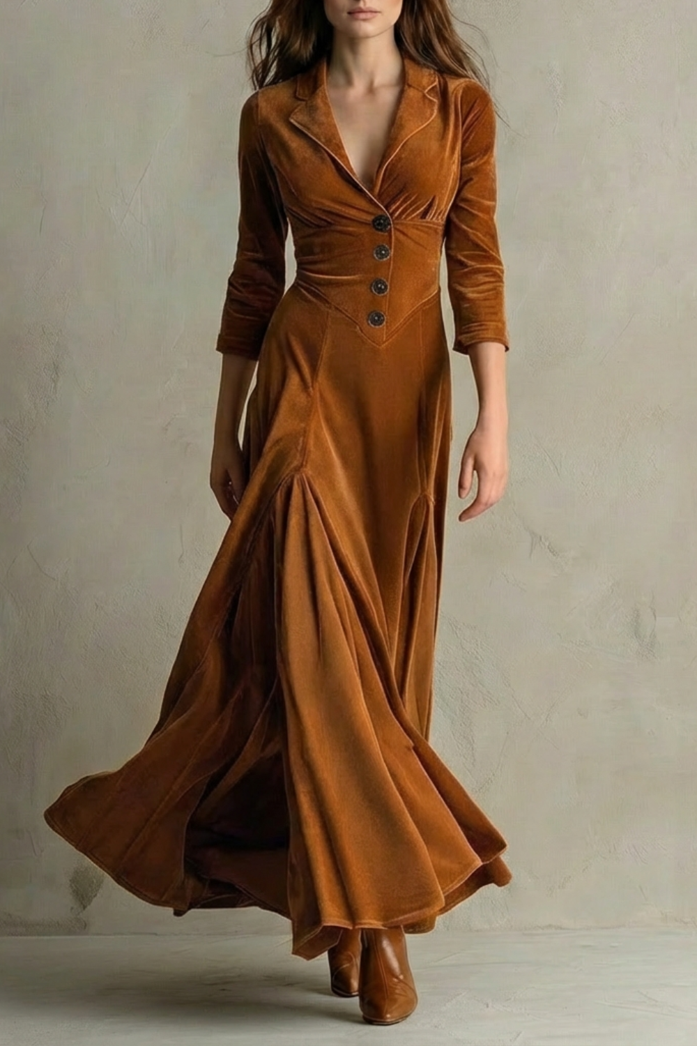 Celeste – Vintage Velvet Long Dress – Elegant Buttoned Swing Skirt with Lapel Detail-10494046798167-ZARA MAE LONDON