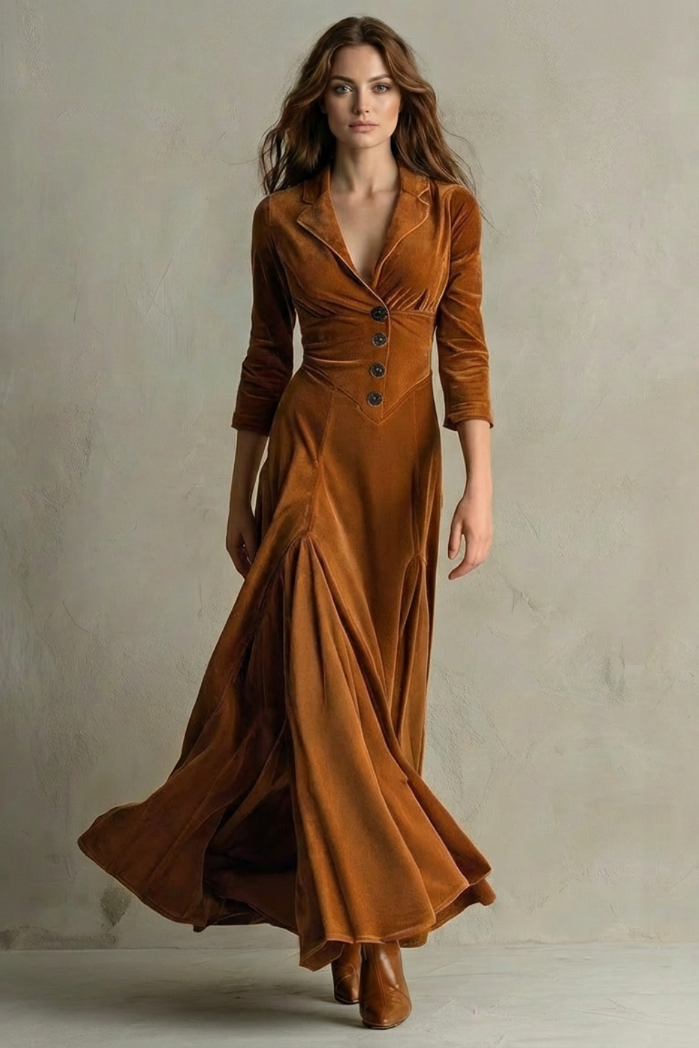 Celeste – Vintage Velvet Long Dress – Elegant Buttoned Swing Skirt with Lapel Detail-10494046798167-ZARA MAE LONDON