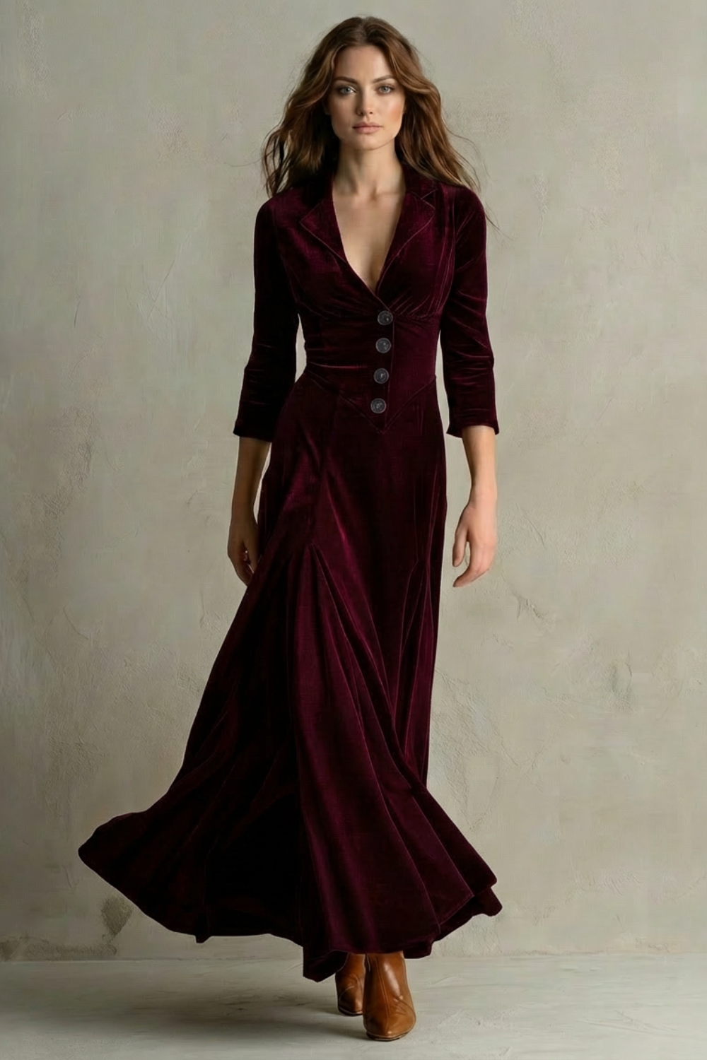 Celeste – Vintage Velvet Long Dress – Elegant Buttoned Swing Skirt with Lapel Detail-10494046798167-ZARA MAE LONDON