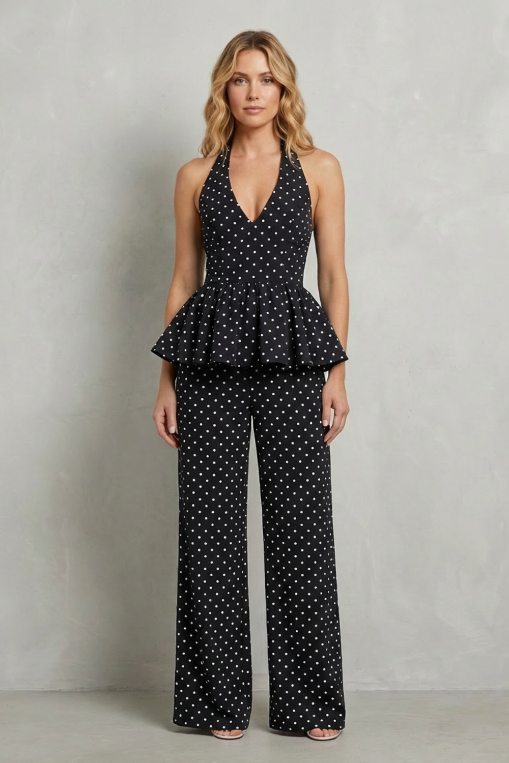 Dolcetta – Polka dot peplum – Halter jumpsuit-10510279082327-ZARA MAE LONDON