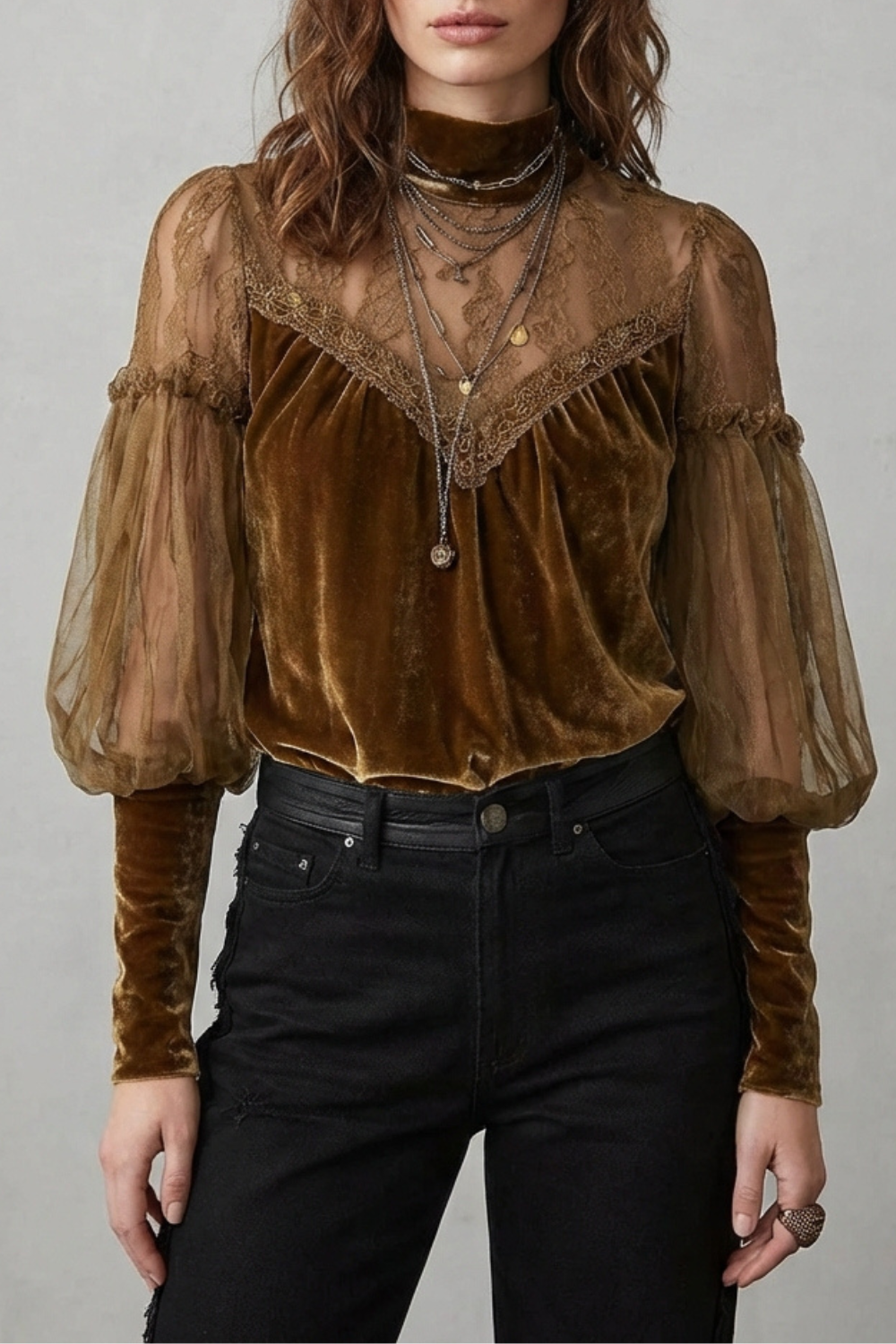 Elayssia – Sheer lace detail – Velvet turtleneck blouse-10497647083863-ZARA MAE LONDON