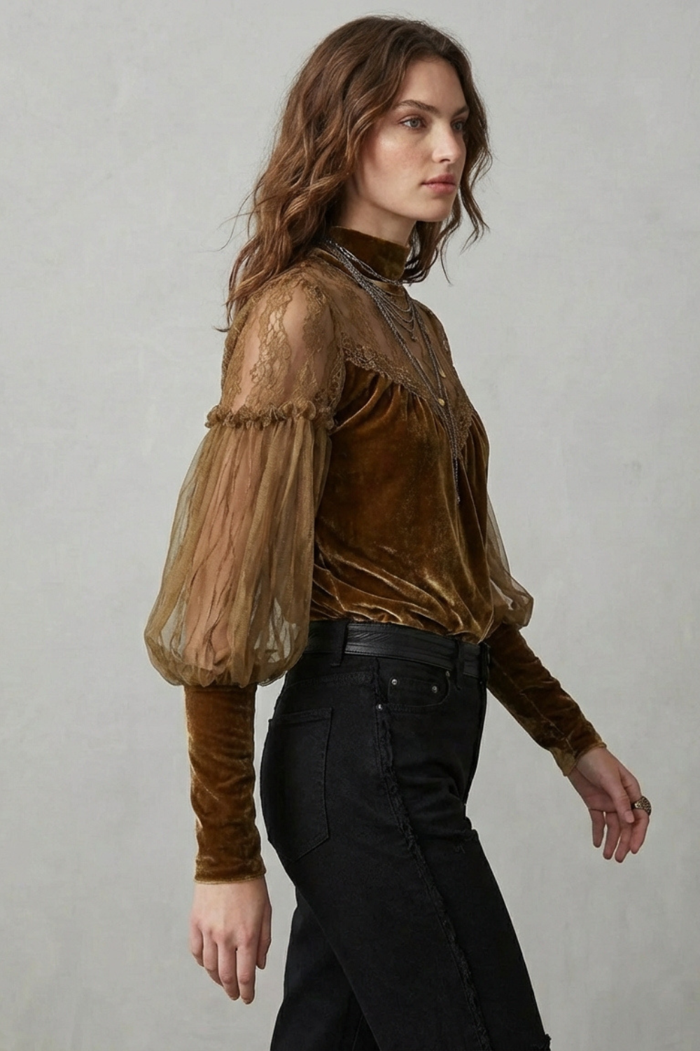 Elayssia – Sheer lace detail – Velvet turtleneck blouse-10497647083863-ZARA MAE LONDON