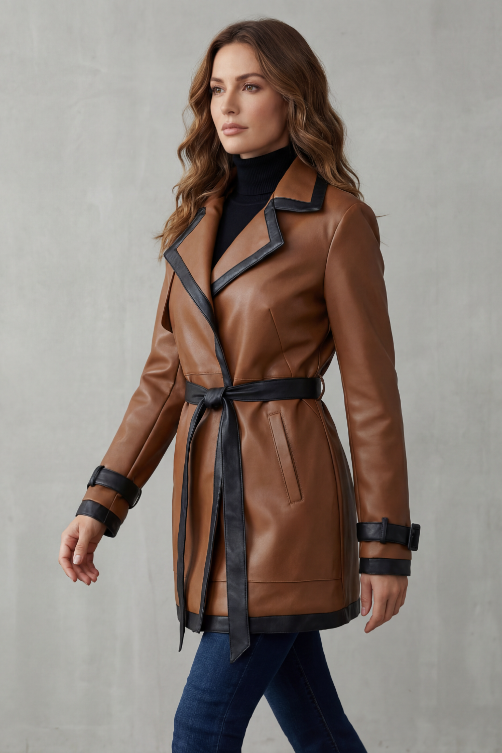 Mirella – Contrast trim wrap – Belted faux leather trench coat-10482698027351-ZARA MAE LONDON
